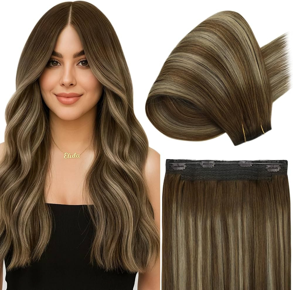 Fshine Wire Hair Extensions Real Human Hair Balayage Meidum Brown Mix Caramel Blonde Fish Line Wi... | Amazon (US)