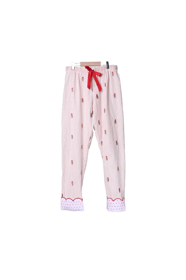 Embroidered Gingerbread Pink Pinstripe Matching Mom Pajama Pants | The Smocked Flamingo