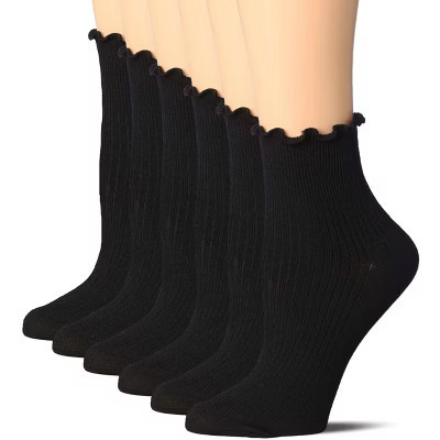 Tipi Toe Womens 6 Pack Black Turn-Cuff Solid Lettuce Edge Lightweight Quarter Length Ruffle Socks, Size 9-11 | Target