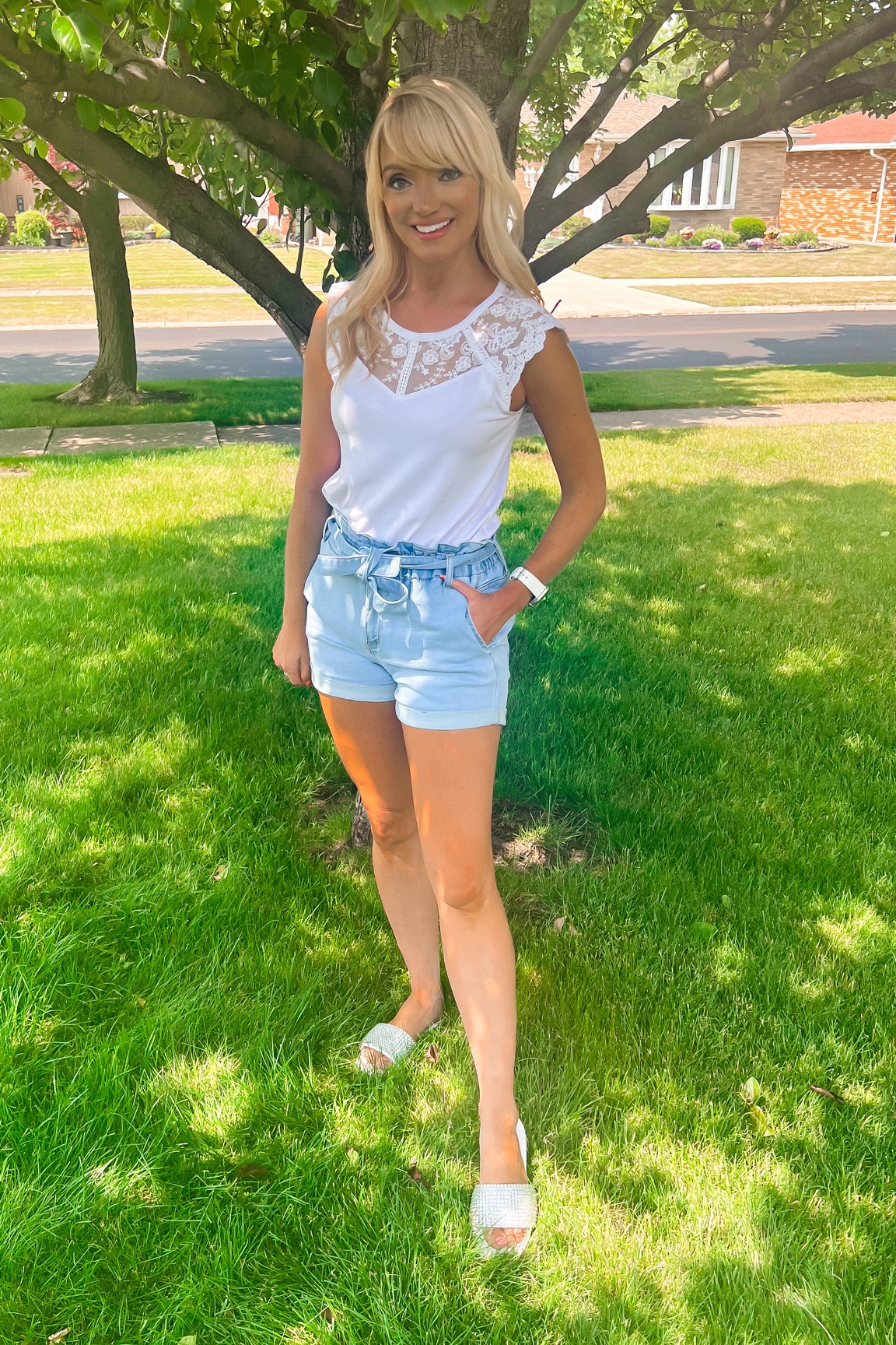 White cap sleeve lace yoke top is so versatile! Wear it with shorts or with dress pants or a skirt to work! - detailed top - elevated top - summer top - teacher outfit - teacher style - Amazon Fashion - Amazon finds 

#LTKunder50 #LTKstyletip #LTKSeasonal