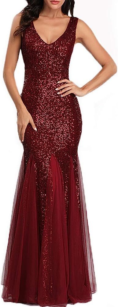 Womens Party Dress Sequins Tulle Sexy V-Neck Long Dress Sleeveless Formal Evening Prom Gowns | Amazon (US)