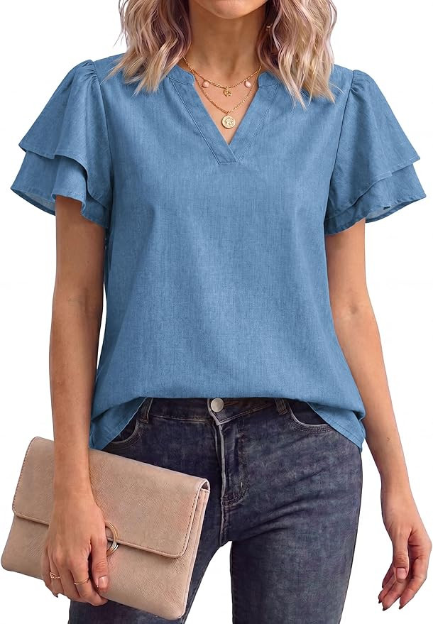 Denim Shirt Women Ruffle Sleeve V Neck Denim Top, Flutter Jean Shirt for Daily Office | Amazon (US)