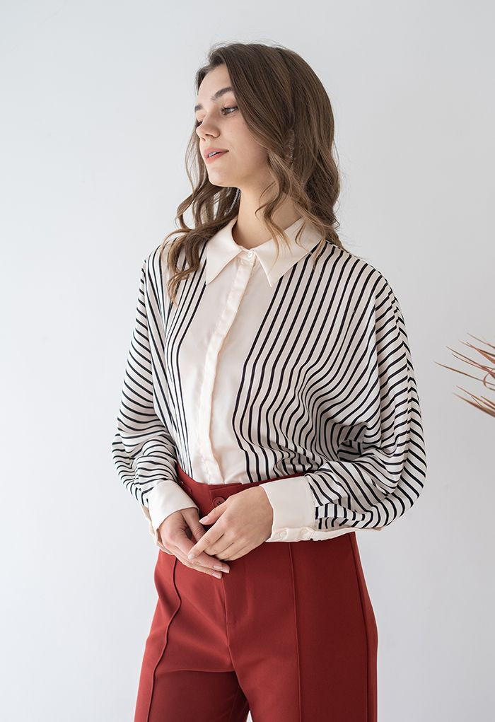 Batwing Sleeve Pinstriped Satin Shirt | Chicwish