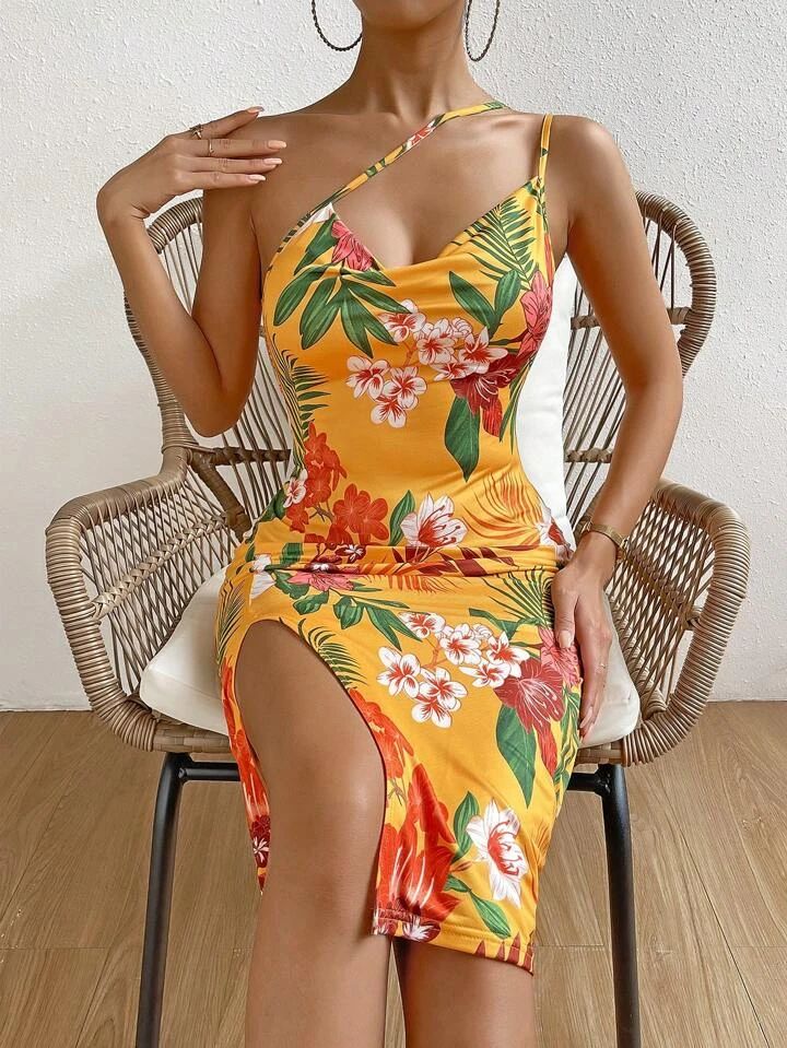 SHEIN SXY Floral Print One Shoulder Split Thigh Dress | SHEIN