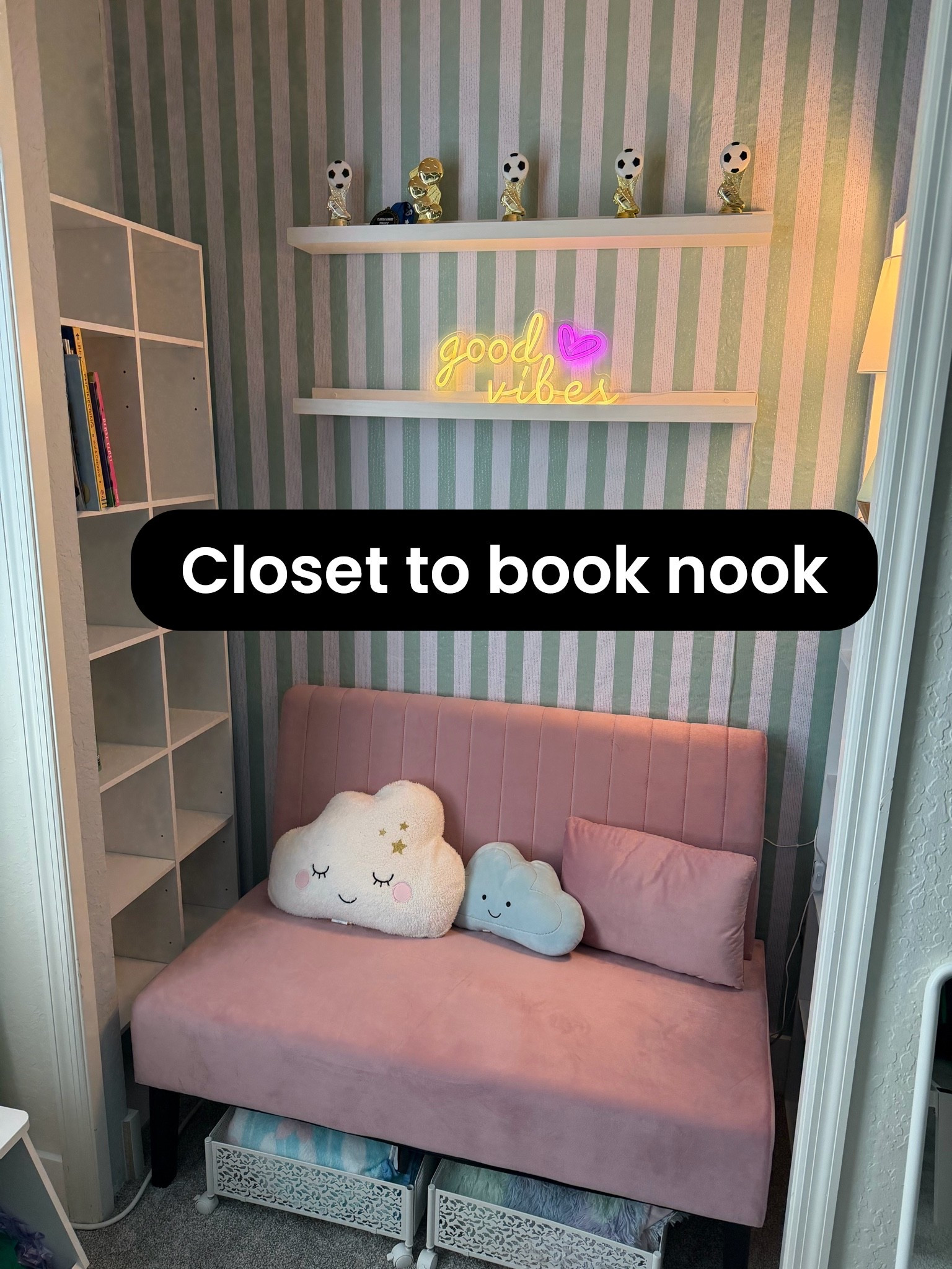 We built a bigger closet for our little girls and turned this small one into a sweet reading space!

#LTKmomlife #LTKHome #LTKKids