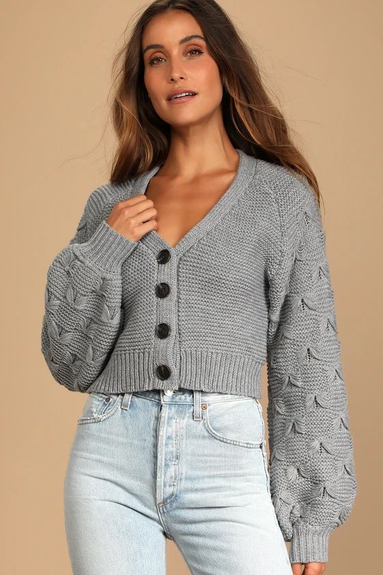 High Standard Grey Knit Balloon Sleeve Cropped Cardigan Sweater | Lulus (US)