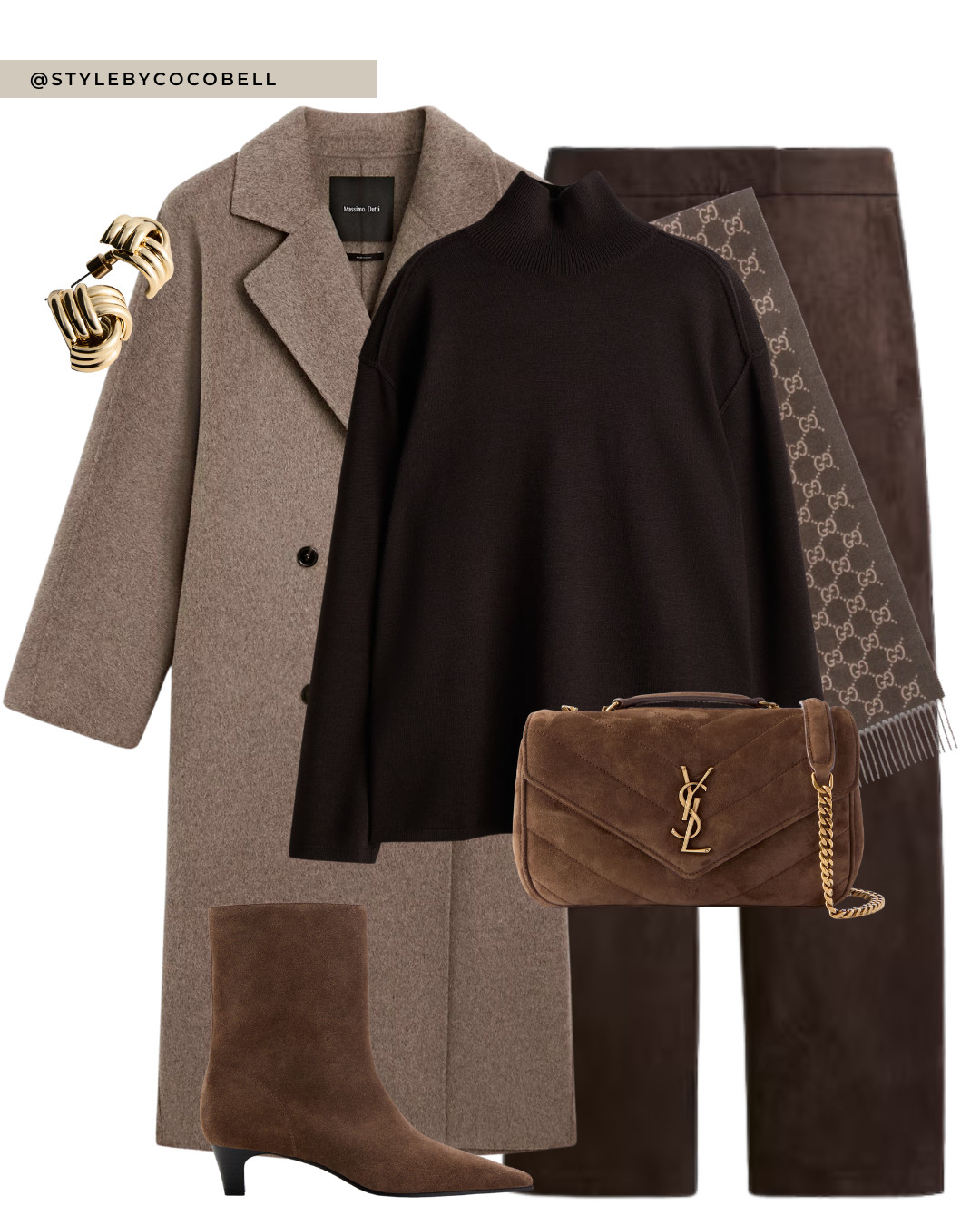 Chic neutral winter look in rich brown and taupe tones. A camel wool coat layered over a dark brown mock neck knit and tailored brown trousers, styled with suede ankle boots, a YSL suede bag and a logo scarf for a polished finish. Perfect for city days, casual office looks or dressed up winter dinners.

Keywords: winter outfit, neutral outfit, brown trousers, wool coat, mock neck sweater, suede boots, YSL bag, logo scarf, chic winter style, everyday elegance. 

 #LTKautumn #LTKwinter