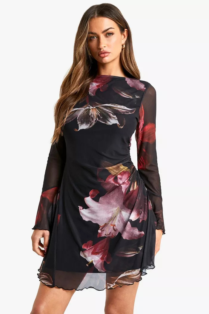 Floral Printed Mesh A Line Mini Dress | Boohoo.com (UK & IE)