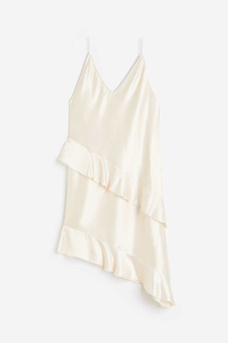 Flounced Satin Slip Dress - Low-cut Neckline - Sleeveless - Cream - Ladies | H&M US | H&M (US + CA)