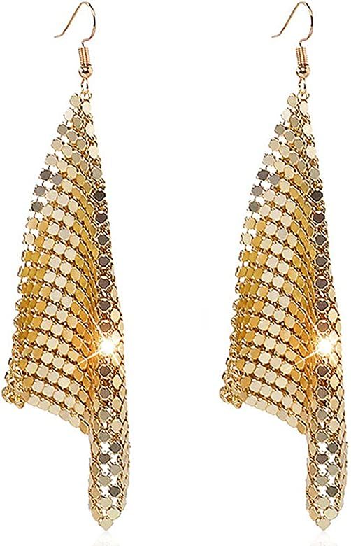 Suyi Trendy Women Earrings Metal Mesh Grid Sequins Tassel Long Drop Dangle Earrings | Amazon (US)