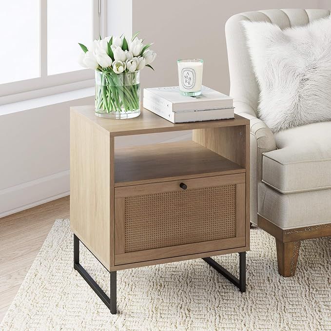 Nathan James Mina Rattan Side, End Table Wood Finish & Matte Accents with Storage for Living Room... | Amazon (US)