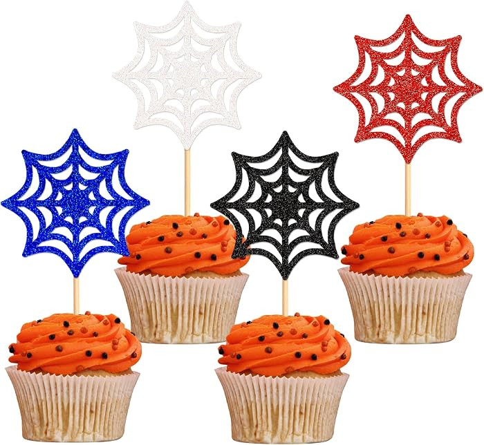 24Pcs Glitter Black Blue Red Spider Web Cupcake Toppers Webs Cupcake Picks for Spider Theme Baby ... | Amazon (US)