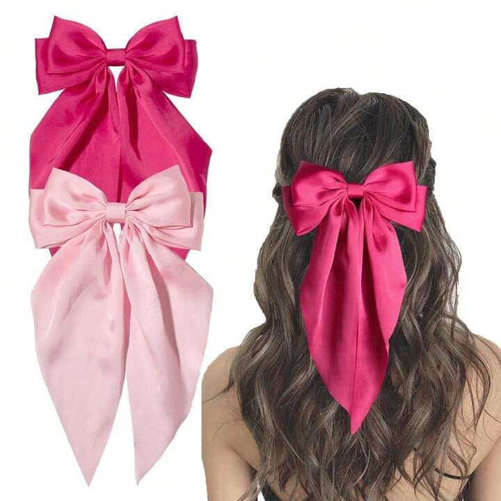 2 Pcs Pink Hair Bows For Women Big Bow Hair Clip Long-Tail Pink Ribbon Bows Hot Pink Hair Bows Ac... | SHEIN