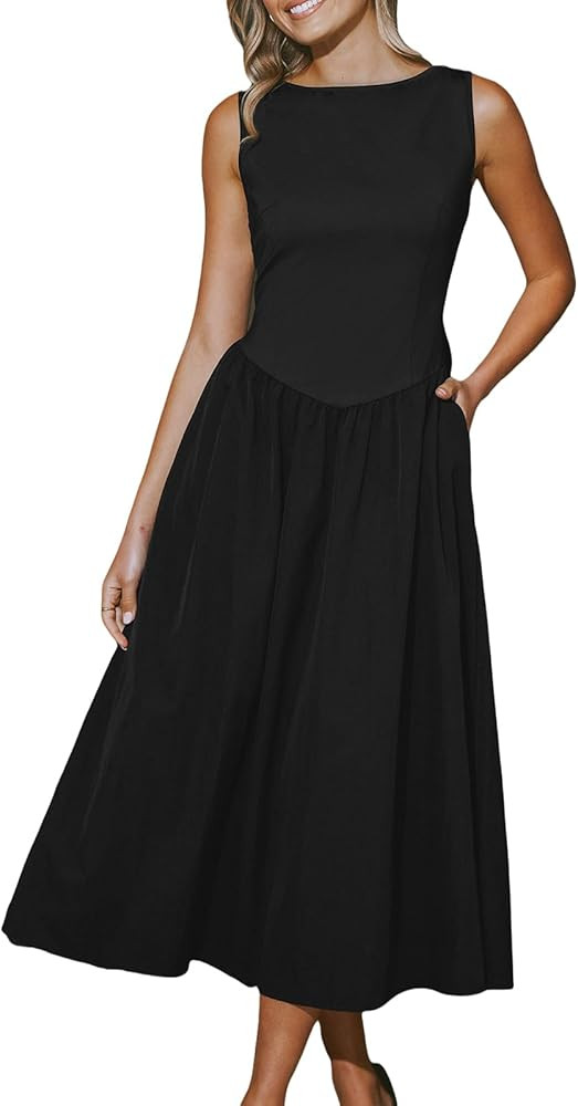 CUPSHE Women's Party Dress Crew Neck Sleeveless Slim Fit Drop Waist Pockets Knit Maxi Formal Dres... | Amazon (US)