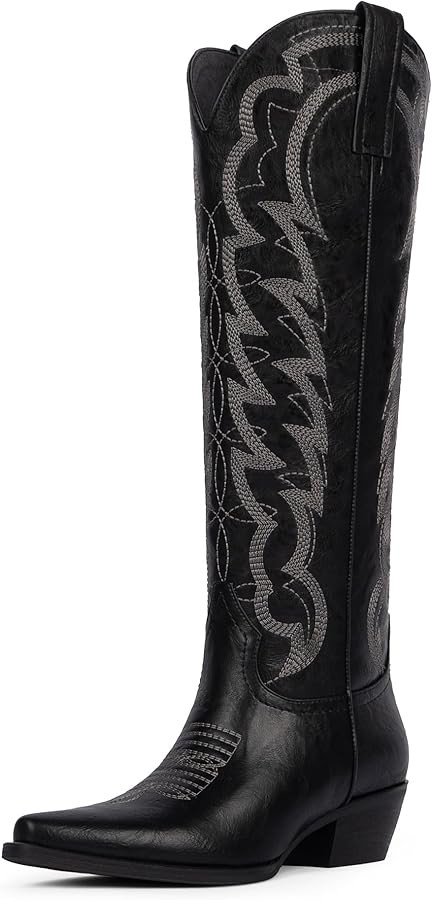 Modatope Cowboy Knee High Boots for Women Pointed Toe Chunky Heel Embroidered Wide Calf Cowgirl B... | Amazon (US)