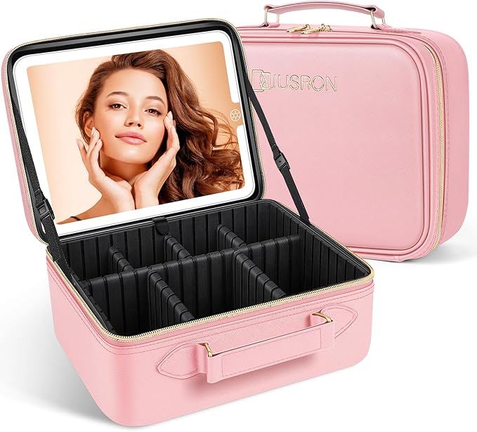 JUSRON Travel Makeup Bag Cosmetic Bag Makeup Organizer Bag with Lighted Mirror 3 Color Scenarios ... | Amazon (US)