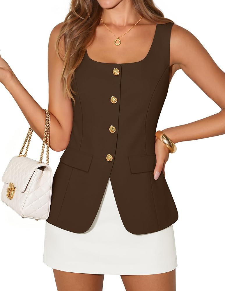 ZESICA 2026 Summer Casual Sleeveless Suit Vest for Women Square Neck Button Down Work Business Bl... | Amazon (US)
