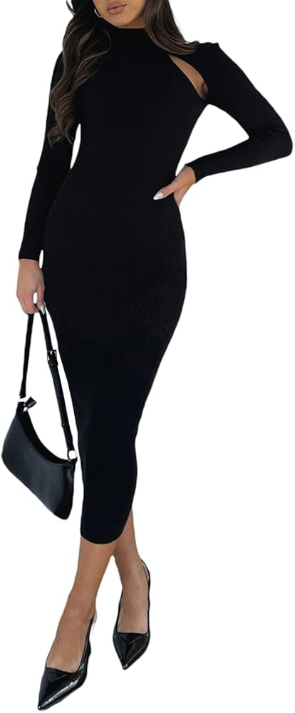 Kimydreama Women Elegant Ribbed Knit Midi Dress Long Sleeve Turtleneck Cutout Front Bodycon Long ... | Amazon (US)