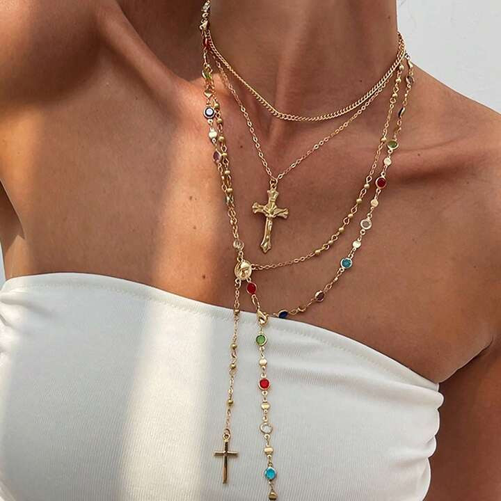 4pcs/Set Bohemian Style Faux Pearl Beaded Vintage Metal Cross Pendant Y-Necklace Set, Suitable For Women's Daily And Holiday Wear, Gift For Friends On Festivals (Chain Length Based On Actual Item) | SHEIN