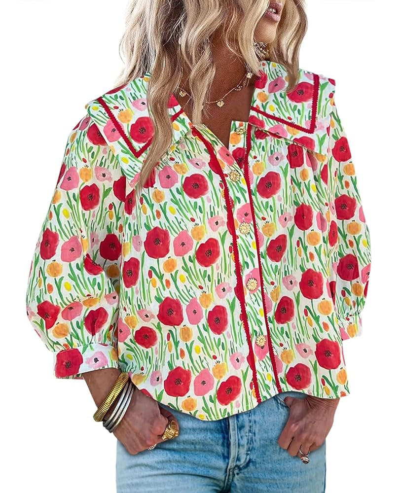 Cicy Bell Womens Floral Button Down Shirts Trendy Casual 3/4 Lantern Sleeve Blouse Square Neck Co... | Amazon (US)