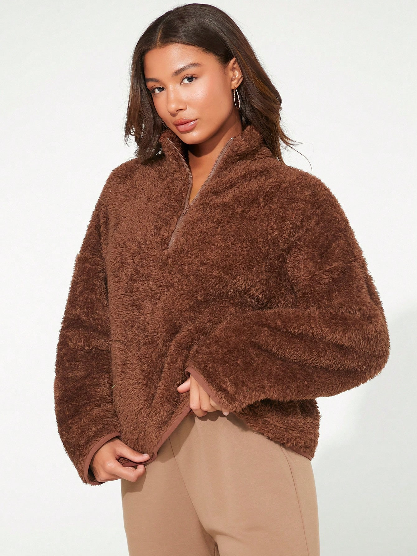 SHEIN BASICS Half Zip Drop Shoulder Teddy Sweatshirt | SHEIN