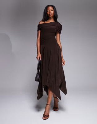 Kaiia exclusive double layered slinky asymmetric drape detail drop waist fairy hem maxi dress in ... | ASOS (Global)