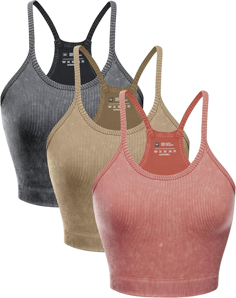 Women's Crop 3-Pack Washed Seamless Rib-Knit Yoga Camisole Crop Tank Tops - Racerback Sport Tank ... | Amazon (US)