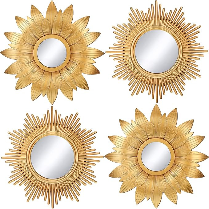 4 Pieces Big Sunburst Wall Mirror Gold Vintage Mirror Set for Home Decor Metal Hanging Round Deco... | Amazon (US)