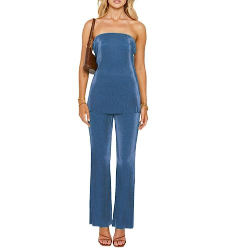 NUFIWI Womens Sexy 2 Piece Pants Set Strapless Off Shoulder Tube Tops Pleated Wide Leg Pants Y2k Suits Summer Outfits (C Blue Tube,M) | Amazon (US)