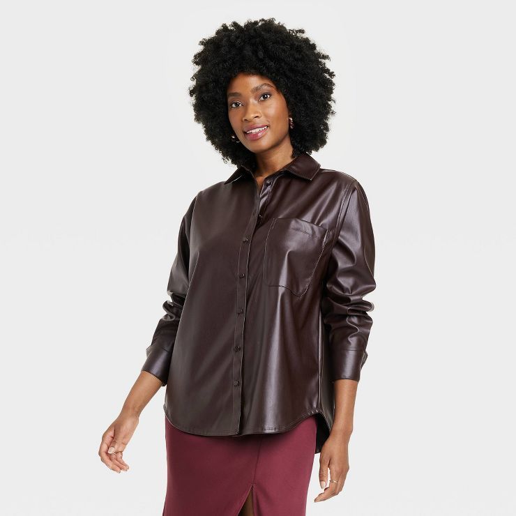 Women's Long Sleeve Faux Leather Button-Down Shirt - A New Day™ | Target