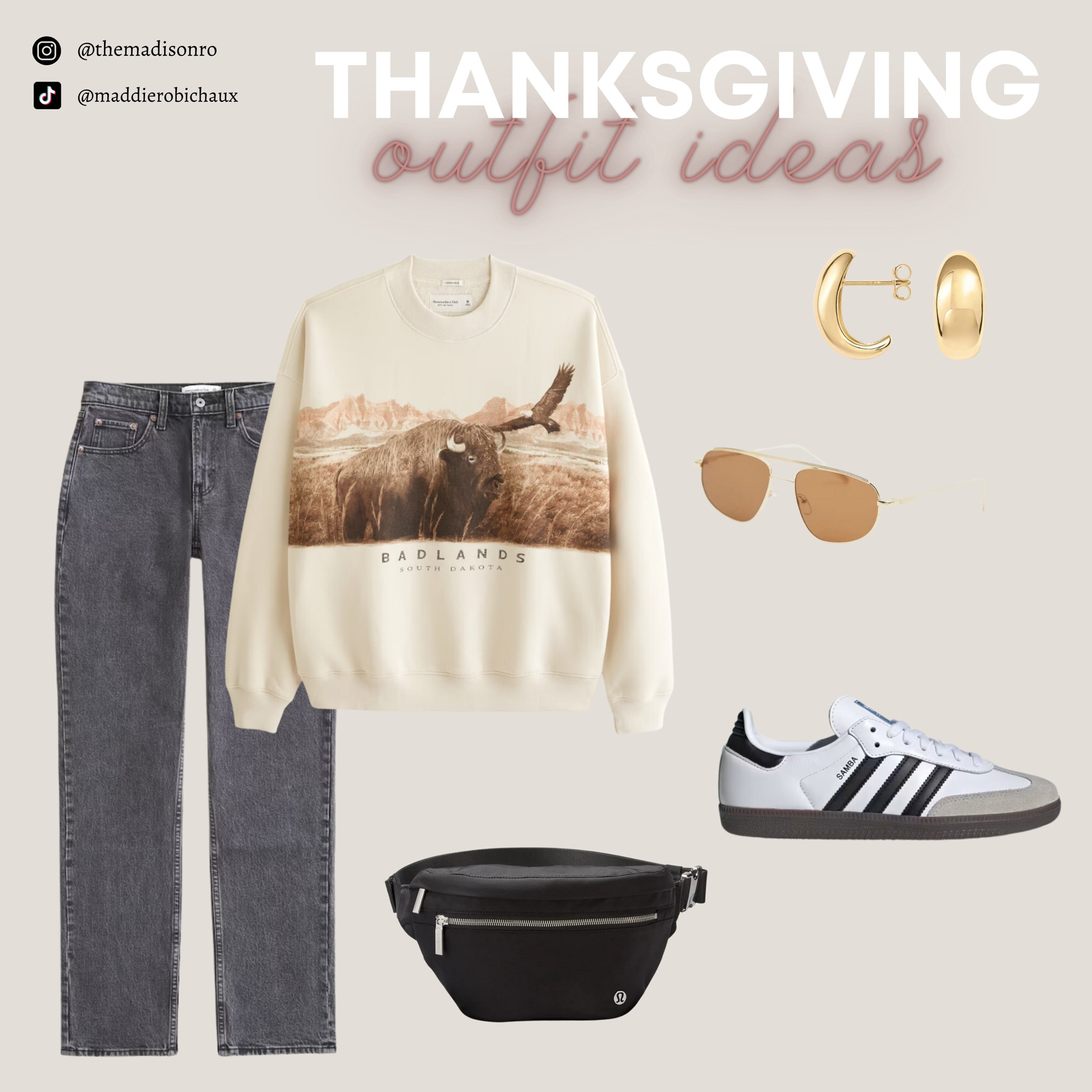 more casual look for thanksgiving this year ✨👜
Fall Looks, Fall Inspo, Thanksgiving Looks, Sambas, Lulu Belt Bag, Gold Jewelry, Casual Fits, Abercrombie Jeans, Abercrombie Style

#LTKfindsunder100 #LTKsalealert #LTKHolidaySale