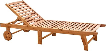 Outsunny Outdoor Folding Chaise Lounge Chair Recliner with Wheels, Acacia Wood Frame - Teak Color | Amazon (US)