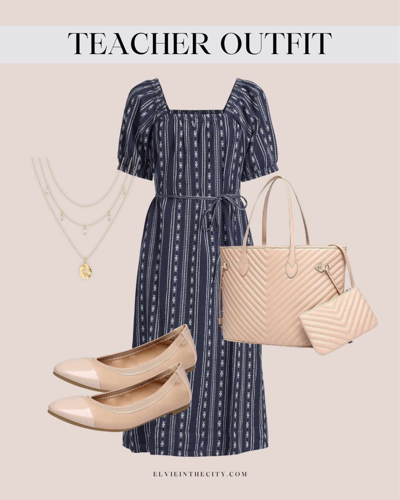 This teacher outfit idea includes a square neck midi dress paired with a nude tote, nude ballet flats, and a layered gold necklace.

Teacher outfit, workwear, business casual, fashion over 40, summer outfit

#LTKFindsUnder50 #LTKStyleTip #LTKShoeCrush