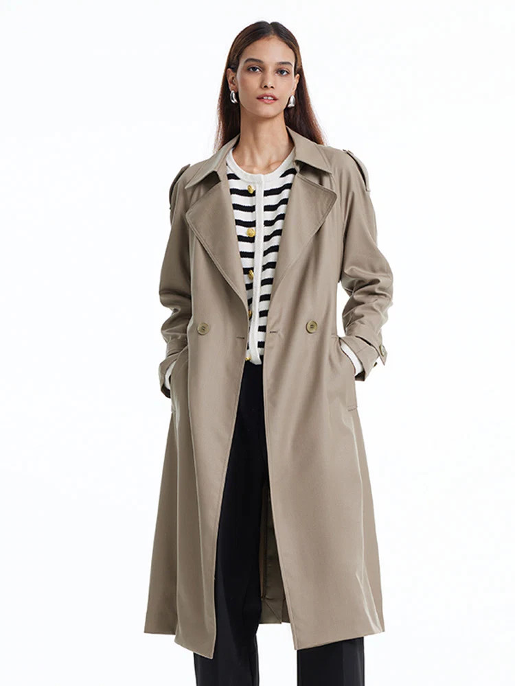 Worsted Woolen Double-Breasted Trench Coat Dusty olive / L | GOELIA