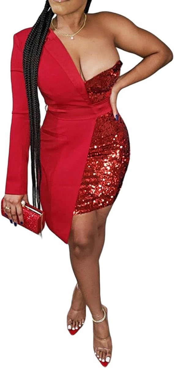 Womens Sexy Sequins One Shoulder Long Sleeve Bodycon Wrap Blazer Party Club Mini Dress Blazer Jac... | Amazon (US)