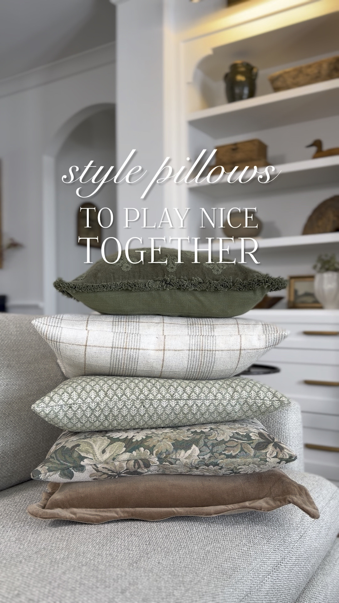 Style pillows to play nice together. Pick your palette (I like 3 colors) , then find a mix of solids, floral (large and small print) and plaid or stripe. My spring/summer palette is green, warm browns and ivory. And don’t forget a good insert. I prefer down.

#LTKSeasonal #LTKvlog #LTKHome