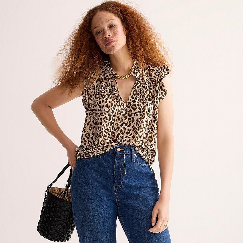 Ruffle tie-neck top in leopard print | J.Crew US