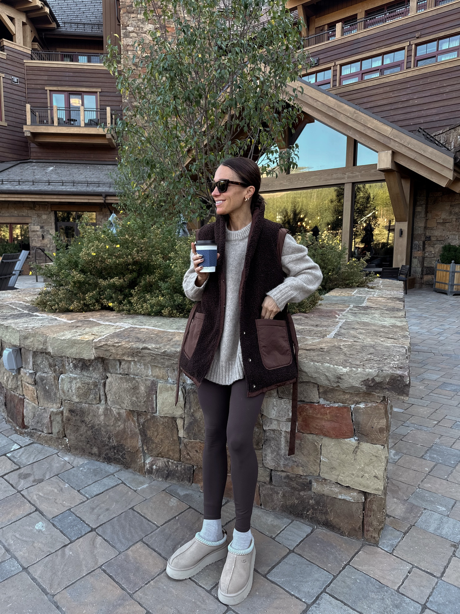 Fall OUTIFT for breakfast in the mountains 
Vest is reversible 
Sweater is tts with an oversized fit 
Leggings are short gal friendly 

#LTKOver40