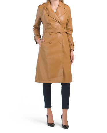 Faux Leather Double Breasted Belted Trench Coat | TJ Maxx
