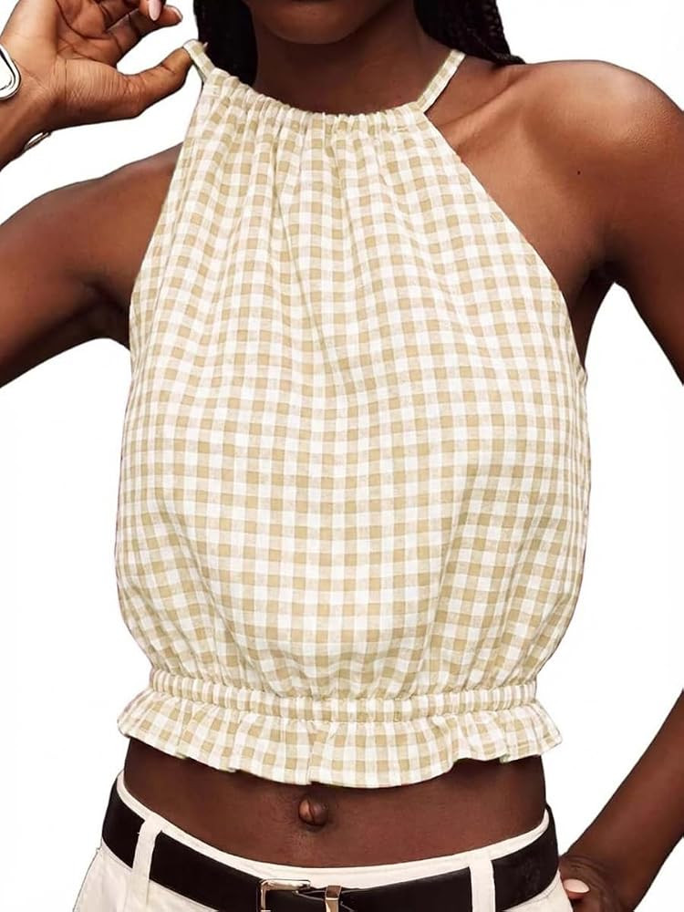 IDEALSANXUN Womens Crop Linen Halter Tops Summer High Neck Tank Tops Sleeveless Shirts | Amazon (US)