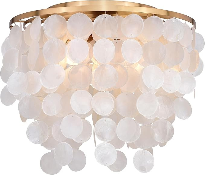 VAXCEL Elsa 16-in W Gold Brass Modern Coastal Glam Flush Mount Ceiling Light Fixture with Capiz S... | Amazon (US)