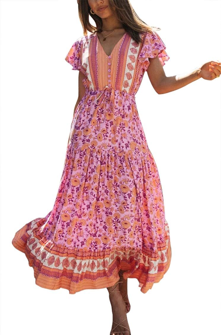 ZESICA Women's Bohemian Floral Print Sexy V Neck Short Sleeve Flowy Beach Party Maxi Dress | Amazon (US)