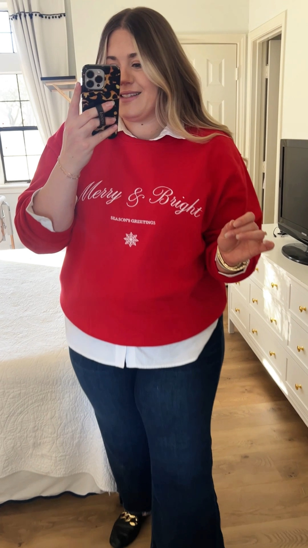 Loving this outfit for going to the kids’ school Christmas party or for work! Putting a button up under a sweatshirt or sweater is such an easy way to elevate an outfit.

Holiday outfit, holiday style, midsize outfits, midsize outfit ideas, red sweater, Christmas sweater, casual holiday outfit

#LTKHoliday #LTKMidsize #LTKootd