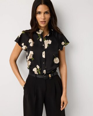 Women's Flutter-Sleeve Satin Shirt in Bloom Jubilee Spcd Black size XXS | White House Black Market, Work Tops | White House Black Market