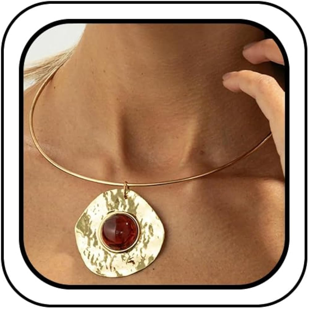 Unique Chunky Gold Hammered Pleated Round Disc Choker Necklace for Women, Statement Brown Resin C... | Amazon (US)