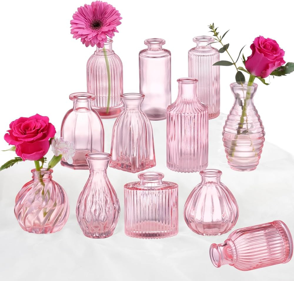 Pink Vase, Bud Vases Set of 12, Small Pink Glass Vases for Flowers Modern Ribbed Glass Bud Vase f... | Amazon (US)
