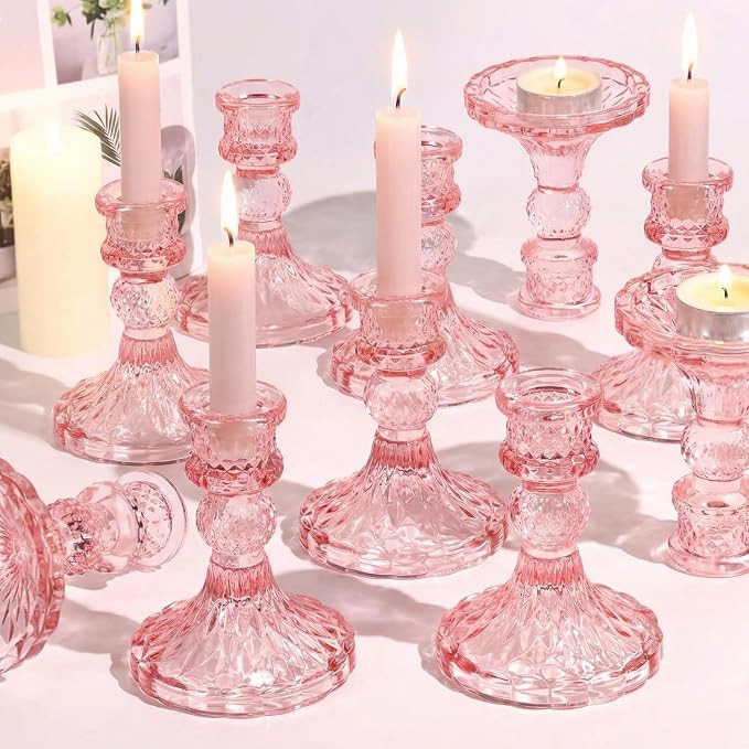 Glass Candle Holder Set of 12, Pink Taper Candle Holders Bulk, Vintage Candlestick Holders, Candl... | Amazon (US)