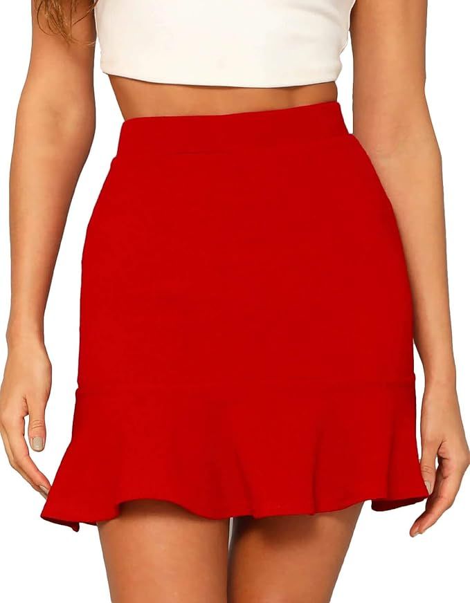 WDIRARA Women's Elegant Mid Waist Above Knee Ruffle Hem Casual Skirt | Amazon (US)