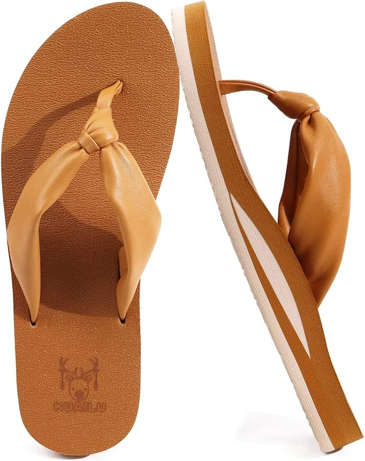 KuaiLu Womens Flip Flops With Arch Support Comfortable Yoga Mat Cushion Thong Leather Sandals for... | Amazon (US)