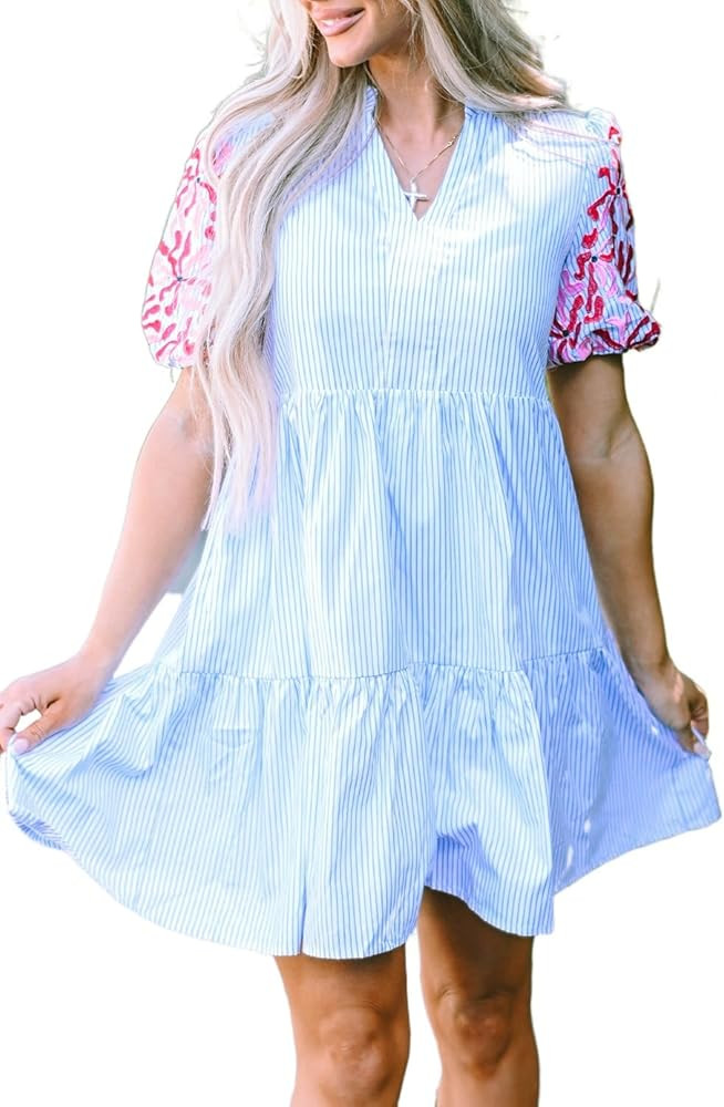 Apvirdy Women's Bohemia Striped Mini Dress Floral Print Puff Sleeve Notched V Neck Ruffle Tiered ... | Amazon (US)